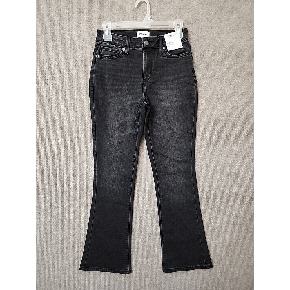 Sonoma Mid Rise Bootcut Jeans Womens 2 Petite Black Wash Some Stretch NEW